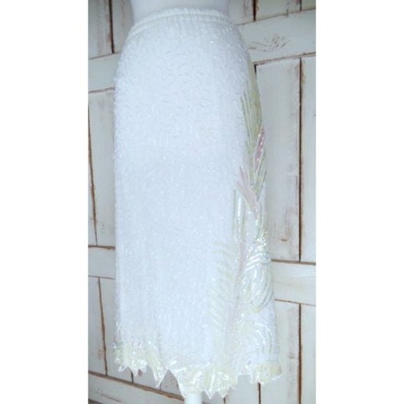 Vintage silk white / light ivory beaded floral sequin pencil skirt - Picture 3 of 9